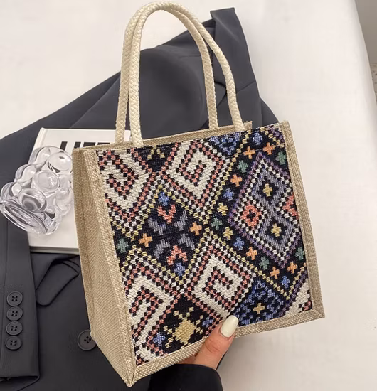 Charakteristische Canvas-Tasche im ethnischen Stil für Damen, Sommer, neue Mode, zum Mitnehmen, Lunchbox aus Leinen, Bento-Tasche, Handtragetasche für Mama